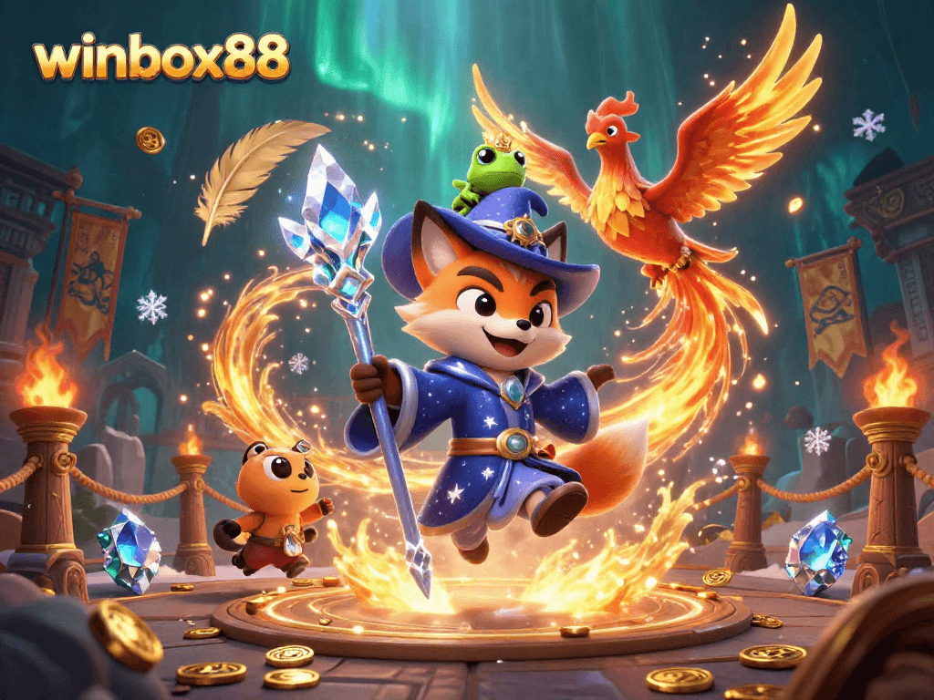 Winbox88 wizard fox conjures excitement in lively casino scene filled with games and golden coins.