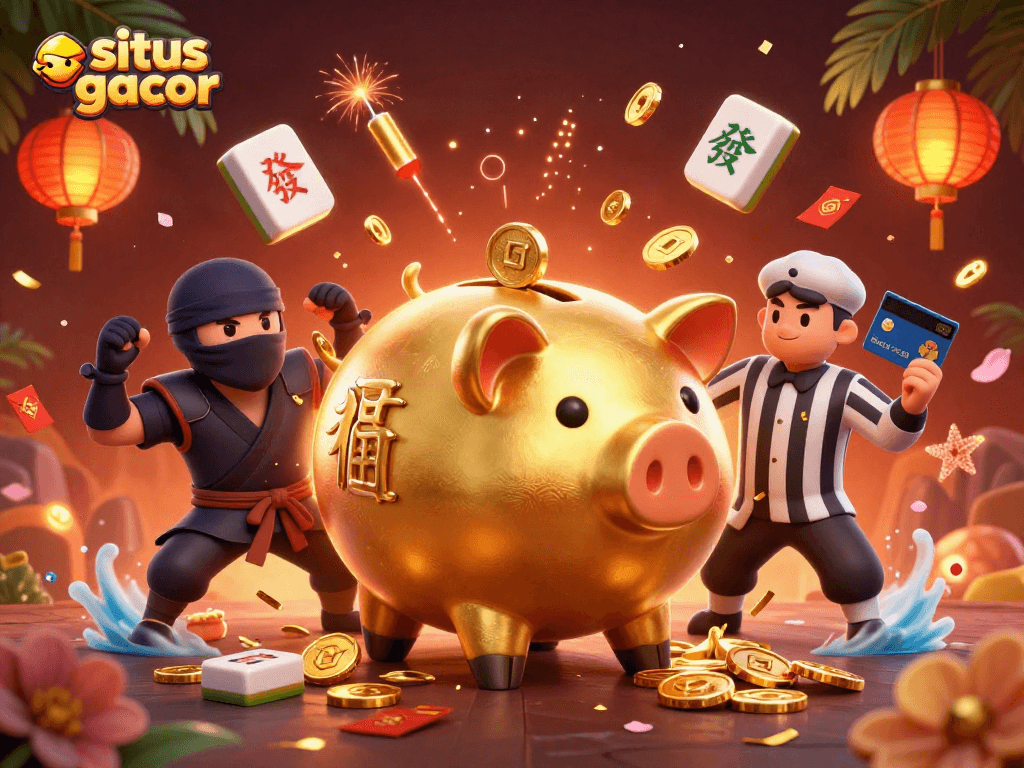 Situs gacor showcases a golden piggy bank sumo wrestler surrounded by festive casino elements in an engaging 3D illustration.