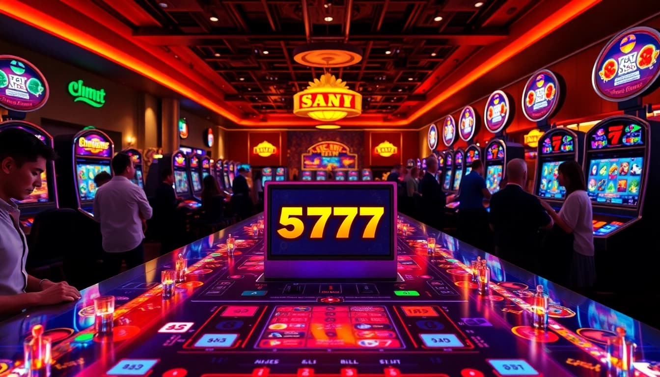 Menangkan hadiah menarik di mesin Slot77 dengan suasana kasino yang penuh warna.