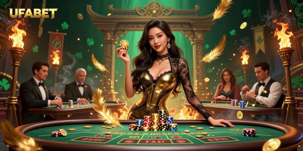 Experience high-stakes betting at UFABET with a glamorous Asian hostess amidst a VIP baccarat setting.