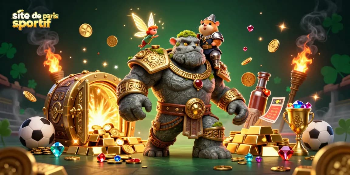 Gagnez des paris sur le site de paris sportif avec une illustration dynamique de personnages fantastiques et des éléments de casino.
