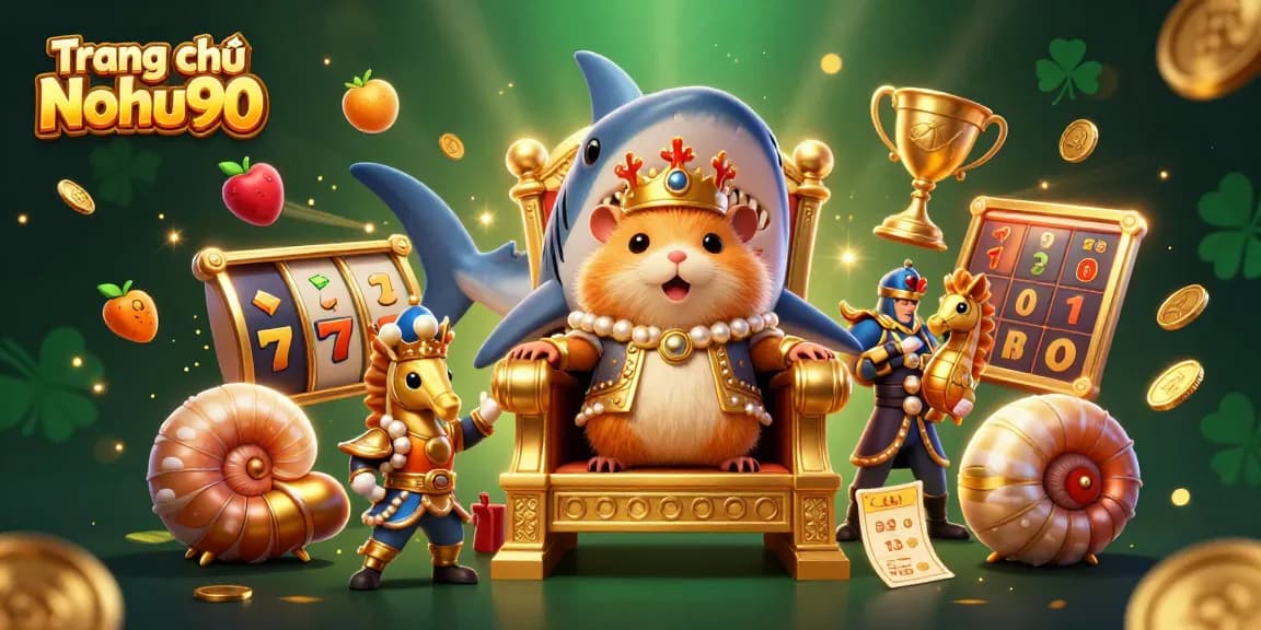 Experience the thrill of winning at Trang chủ Nohu90 with vibrant slot reels and golden hamster royalty.