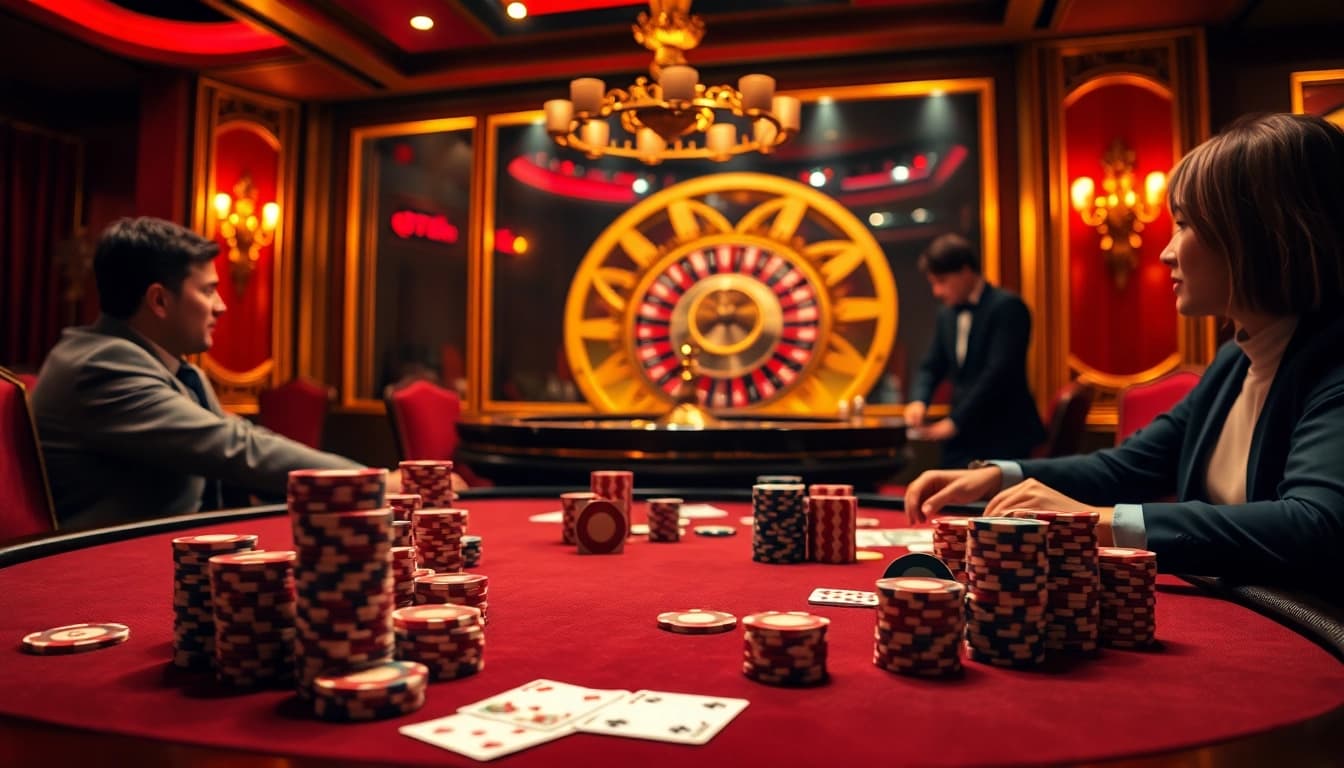 Exciting poker action at trang chủ 89bet with colorful chips and professional players.