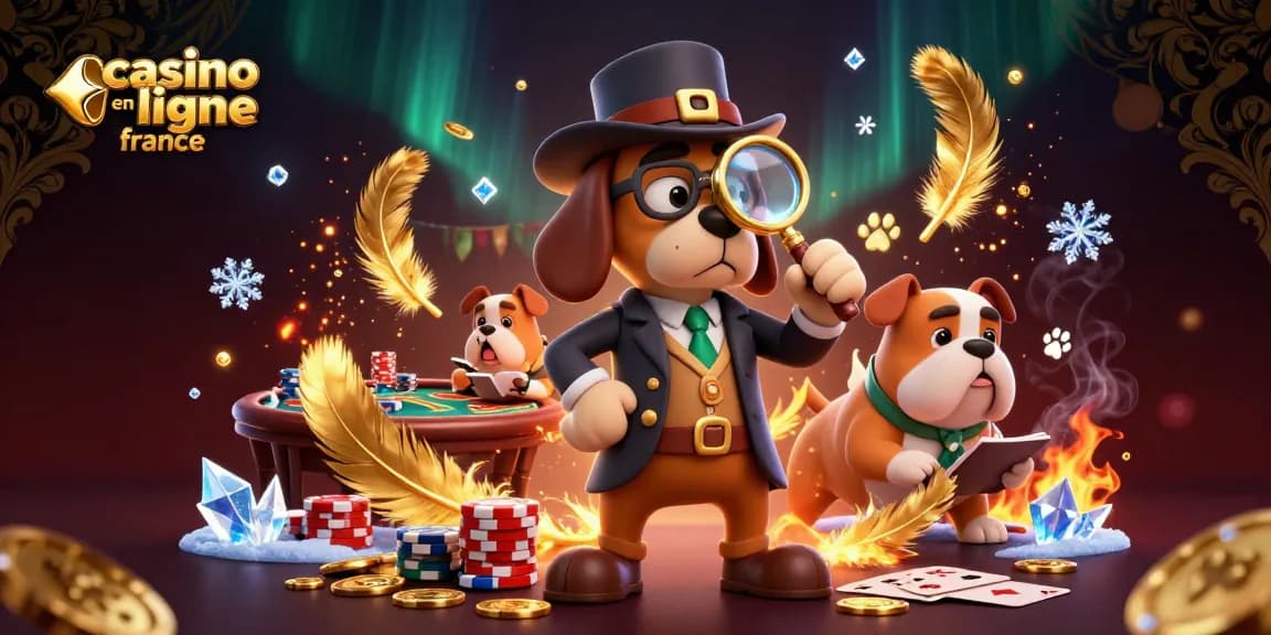 Jouez avec passion sur casino en ligne France avec une illustration captivante d'un détective canin résolvant des indices de poker.