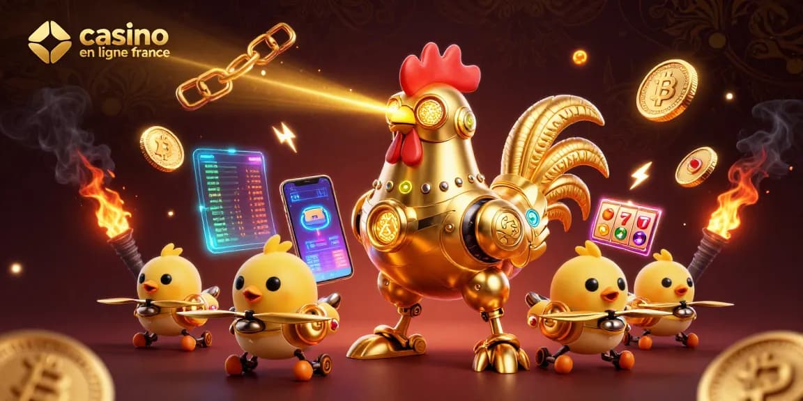 Jouez au casino en ligne France avec une illustration dynamique d'un robot et de drones, symboles de jackpot et cryptos.