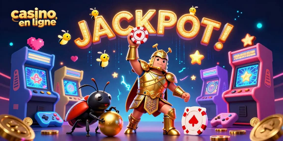 Vainquez au casino en ligne avec la coccinelle gladiateur et ses amis célébrant un jackpot.