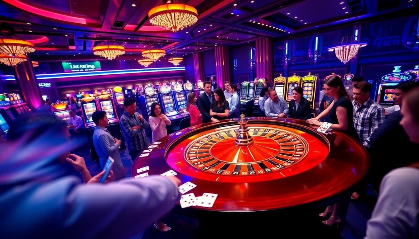 Engaged players enjoying exciting games at QQ88 casino with roulette and poker elements.