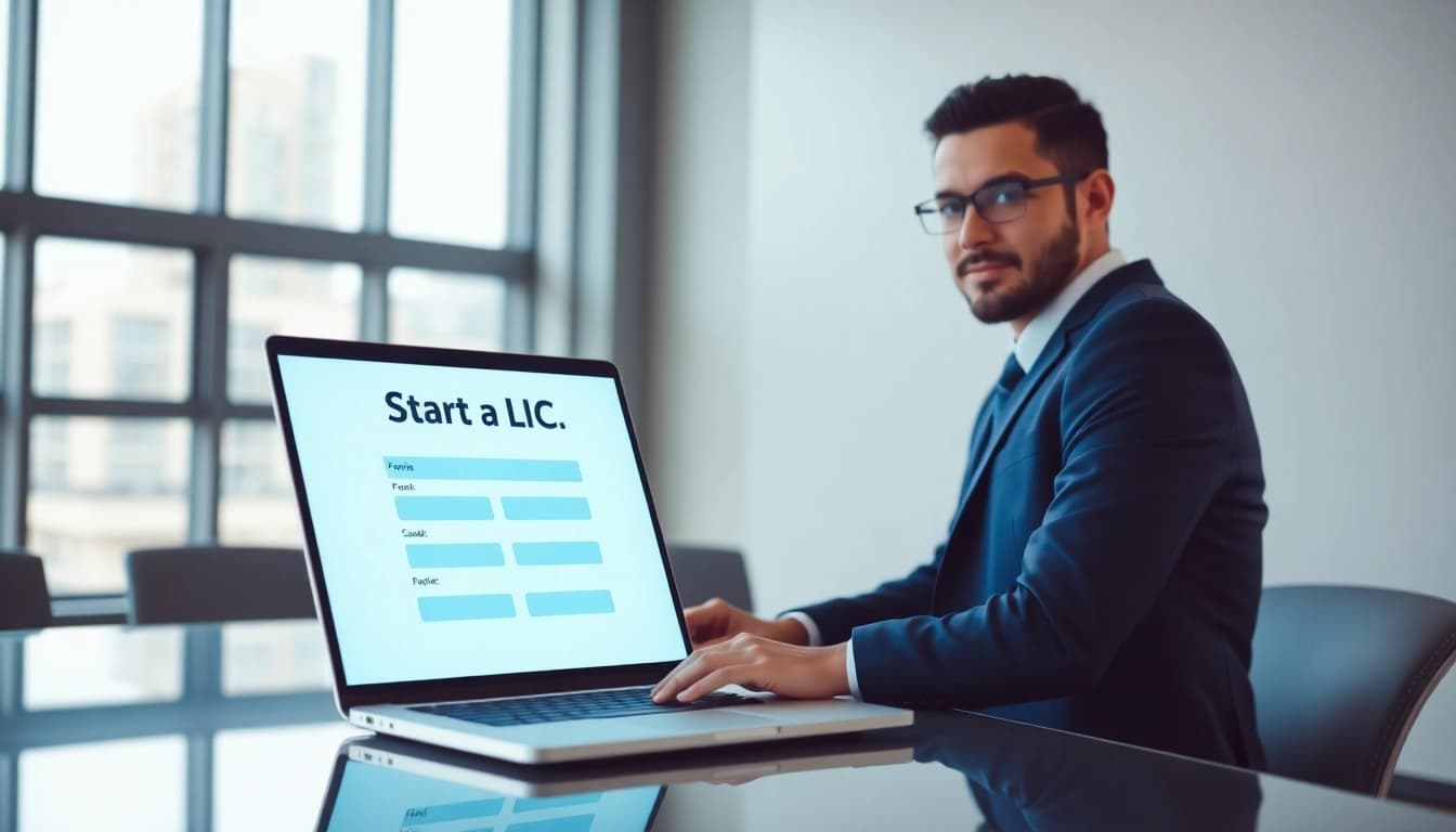 Engaged professional ready to start a US LLC in a modern office setting.