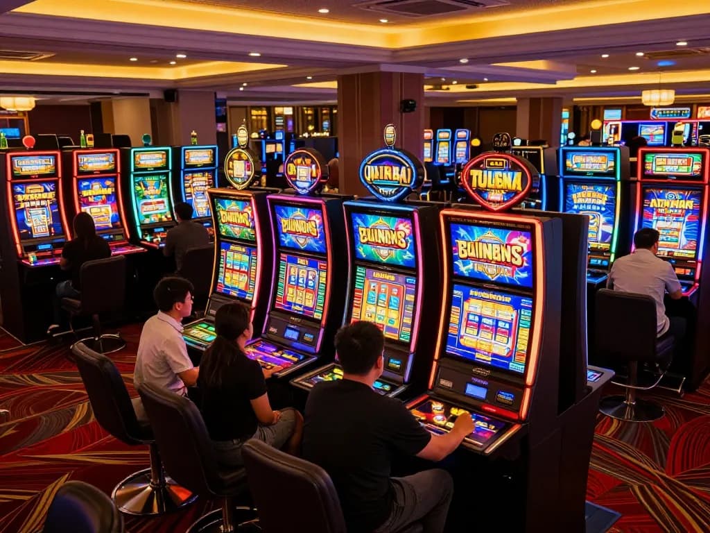 Engaged players spinning colorful slot machines in a lively casino atmosphere showcasing slot thailand