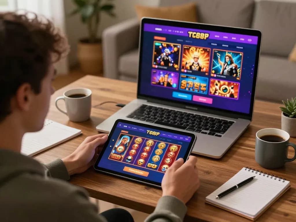 Engaging scene of a user enjoying tg88 vip casino games on a tablet in a cozy home setting