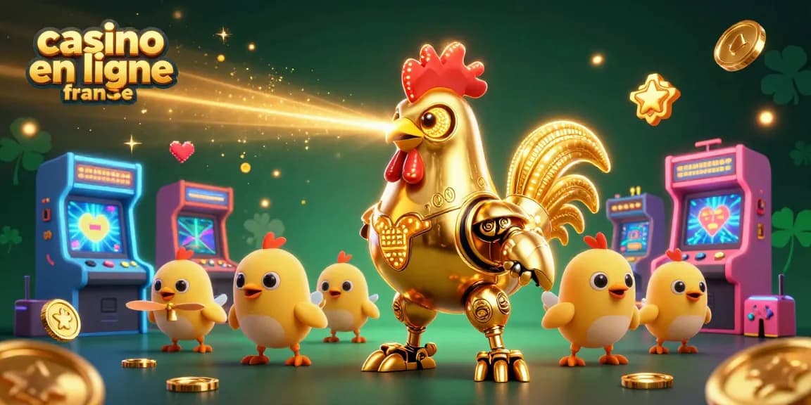 Une scène dynamique de casino en ligne France avec un robot coq doré et des drones de poussins jouant à des jeux vidéo, entourée d'éléments de jeu colorés.
