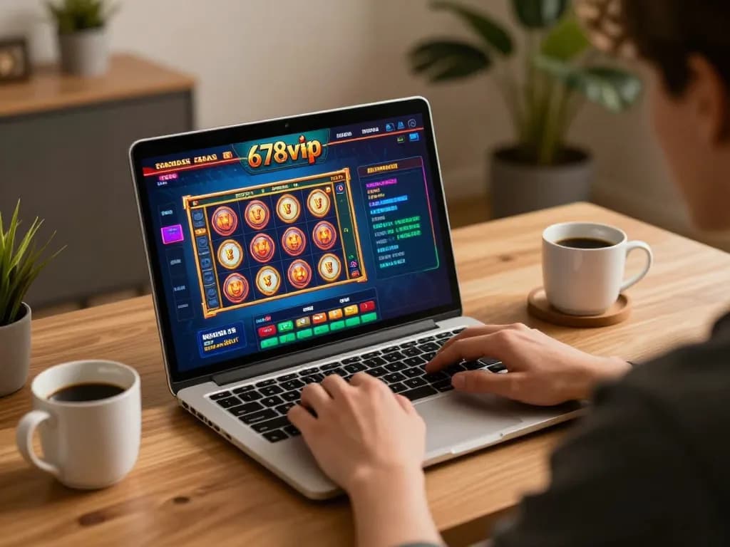 Player engaging with 678vip's online casino interface on laptop, showcasing interactive gaming experience.