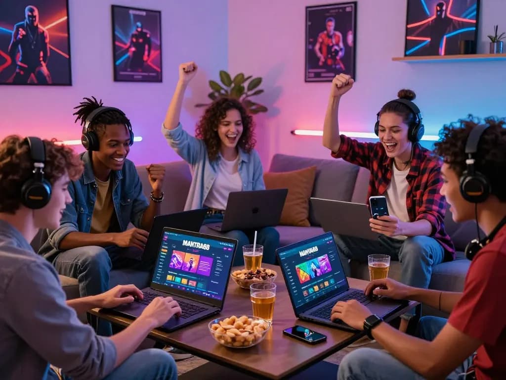 Friends enjoying gaming at home with the MANTRA88 app in a lively atmosphere.