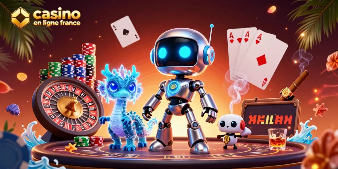 Plongée dans le monde du casino en ligne France avec un robot cyberpunk, un dragon AI et un drone, entourés de cartes et de jetons.