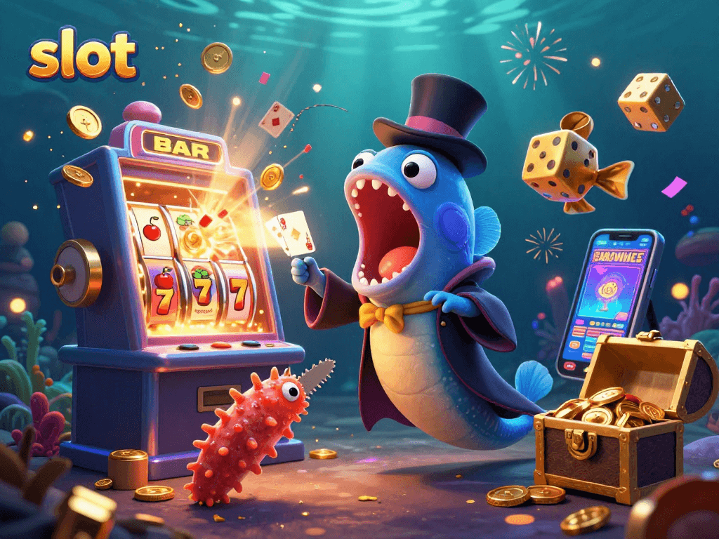 Experience thrilling slot action with vibrant characters performing tricks in an underwater casino scene.