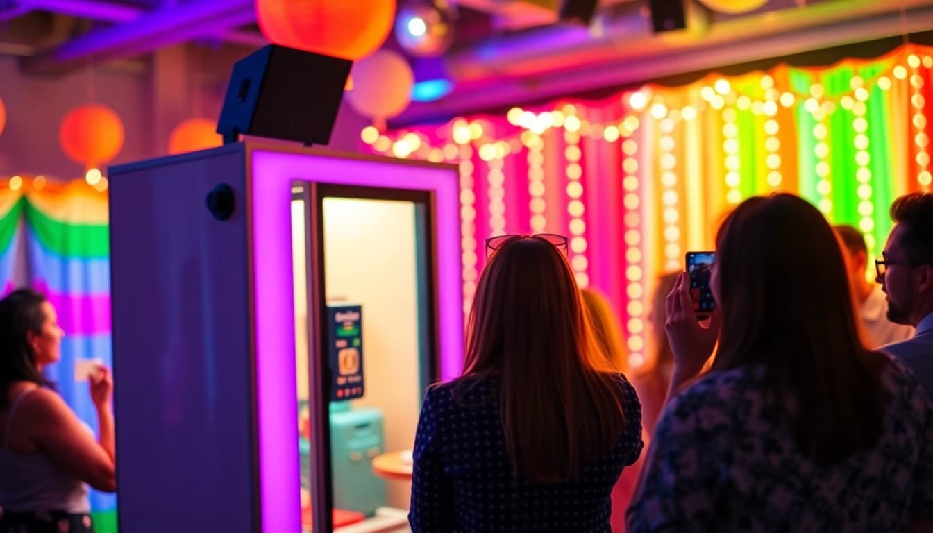 Capture memorable moments with a colorful photo booth rental at a vibrant party scene.