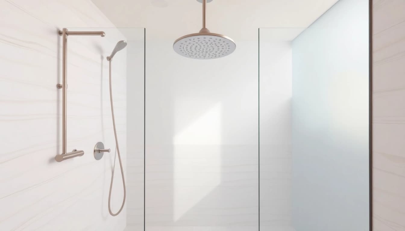 Experience elegant showers au with a modern bathroom featuring a luxe rain shower and glass enclosure.
