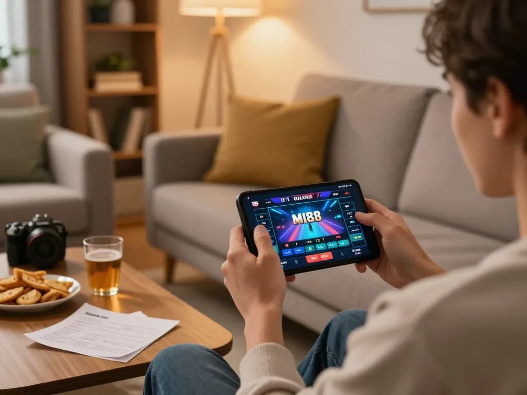 TẢI MI88 app on a smartphone while enjoying home gaming, showcasing a cozy setup with snacks and betting notes