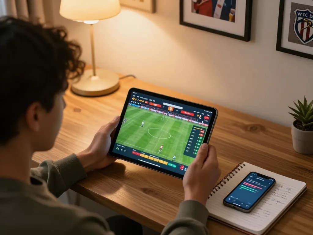 Soi Kèo in net user's intense sports betting strategy session with live odds displayed on tablet and notepad nearby.