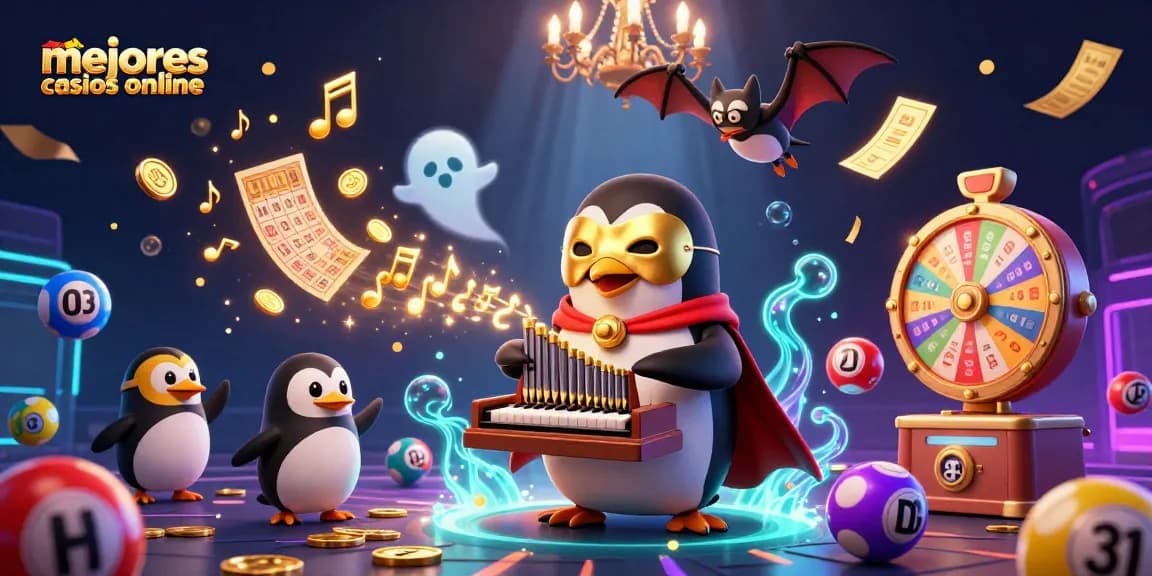 Juega en los mejores casinos online con un pingüino de ópera y notas doradas disparadas.