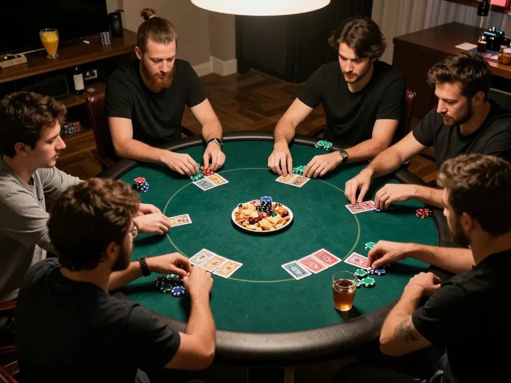 Players strategizing their moves at a lively home poker night, showcasing VIPWIN entertainment.