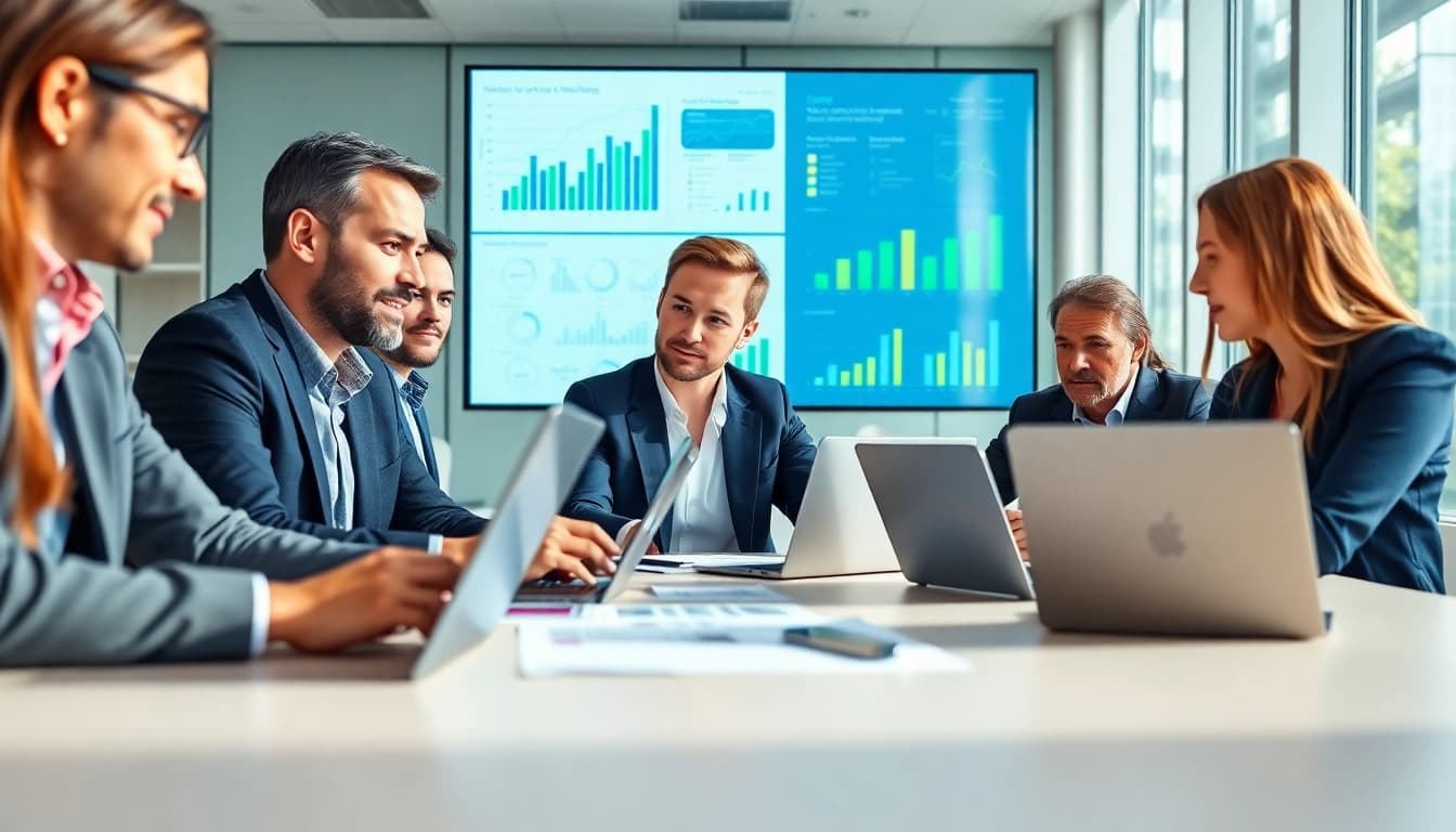 Engaged professionals analyzing data in a business meeting, top 10000 companies by businessabc chart displayed.