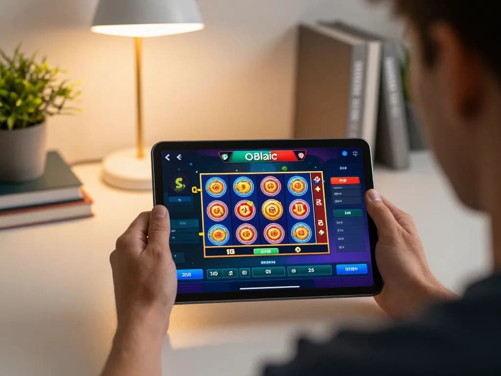 Engaging with O8 deal while playing online slots on a tablet in a cozy home office.