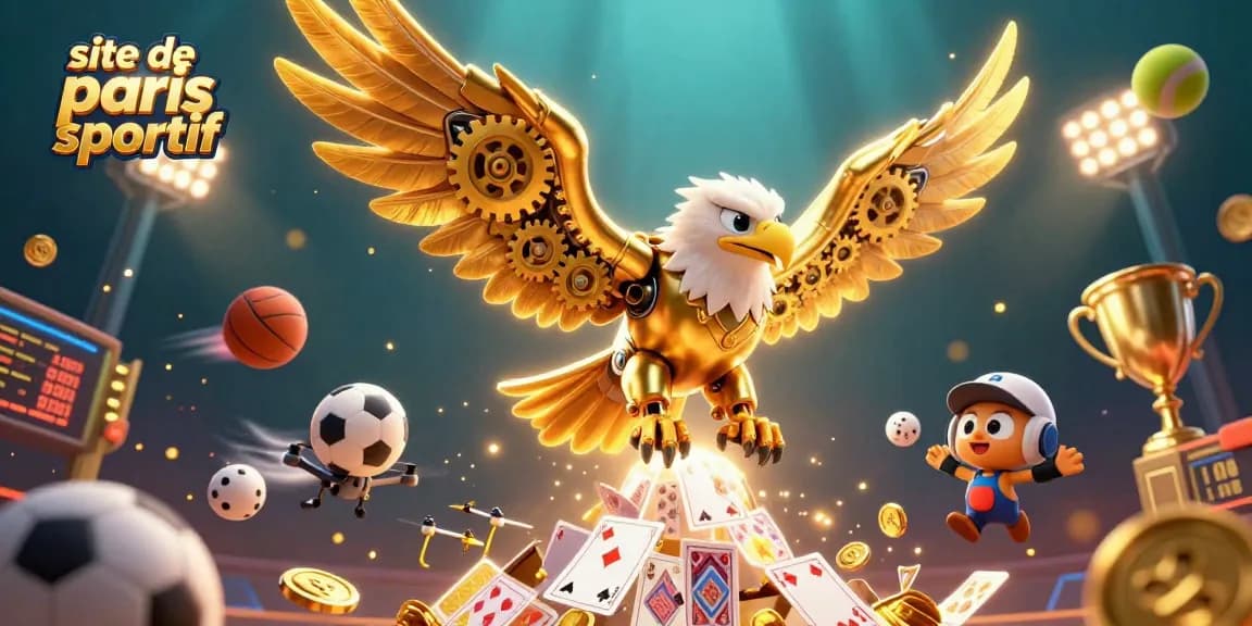 Pariez sur le site de paris sportif avec un aigle cybernétique, des ballons de sport et une coupe dorée.