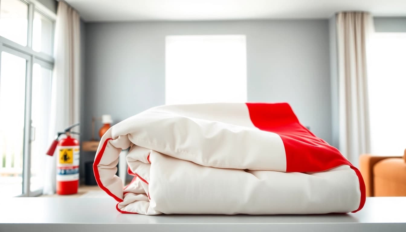 Using fire blanket for home safety in a living room setting