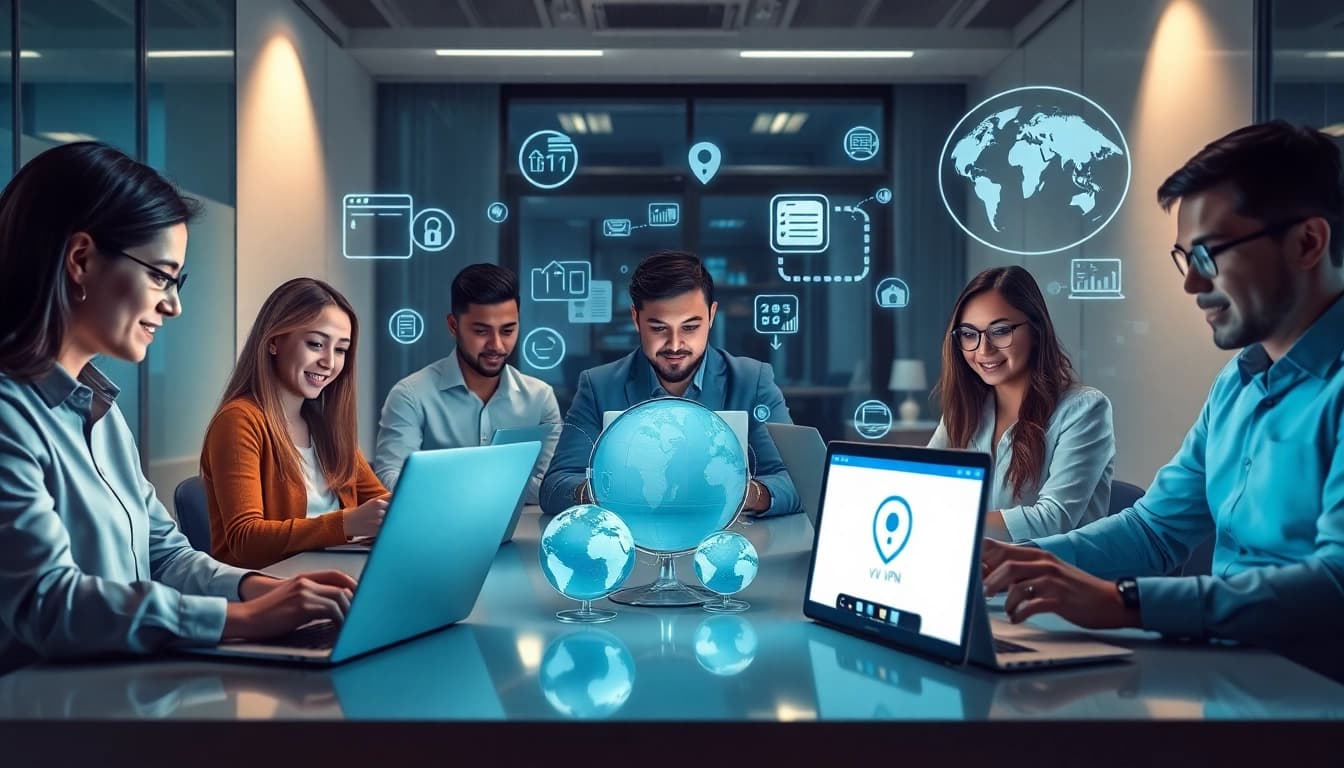快连下载 VPN service showcased in a modern workspace with tech-savvy professionals.