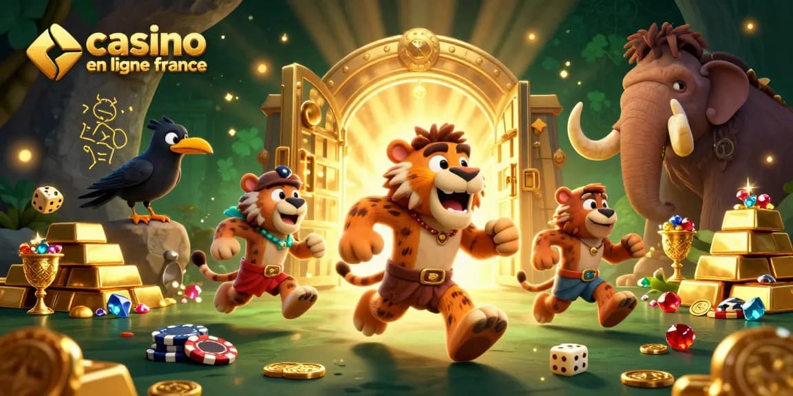 Jouez au casino en ligne France avec ce duo préhistorique et des trésors brillants autour d'eux.