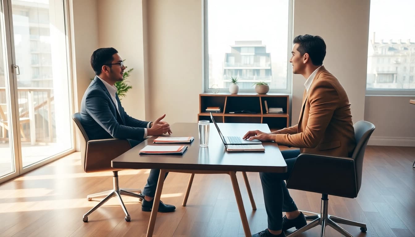 Find a skilled business coach near me collaborating with a client in a modern office.
