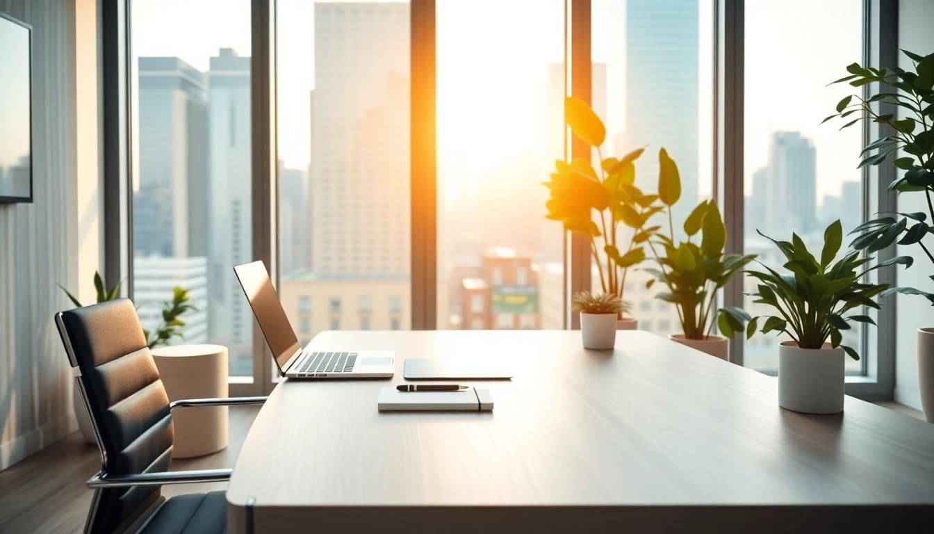 Scandia's professional office setting with a laptop, plants, and city view.