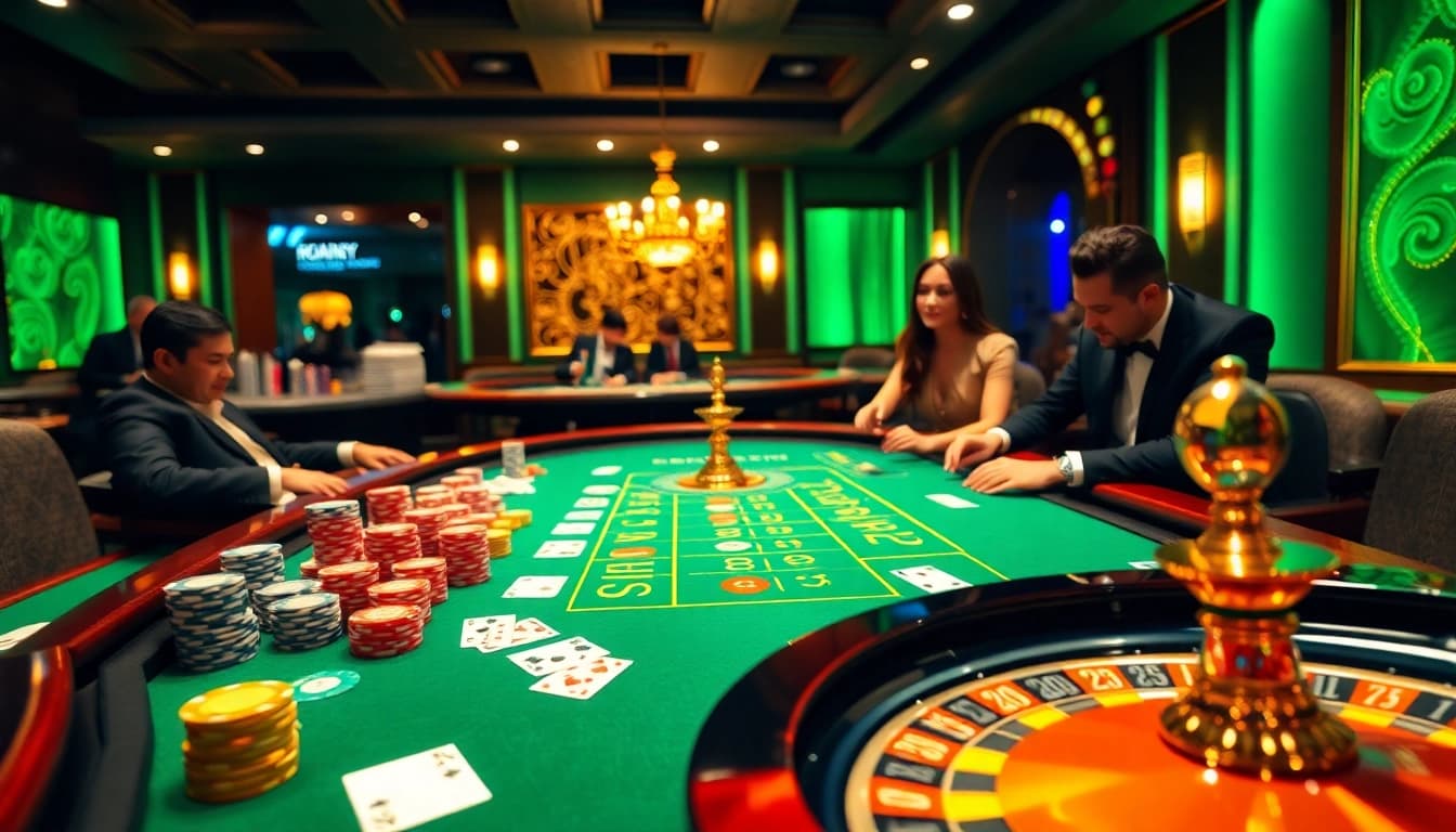 Experience the excitement of winning at trang chu 98win in this luxurious casino scene with poker chips and roulette.
