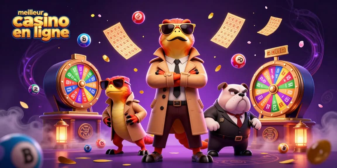 Image dynamique représentant le meilleur casino en ligne avec des raptors en trench coat, des balles de loterie colorées et des éléments de jeu.