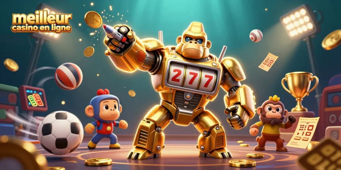 Découvrez le meilleur casino en ligne avec une illustration dynamique d'un gorille mécha et des éléments de jeu captivants.