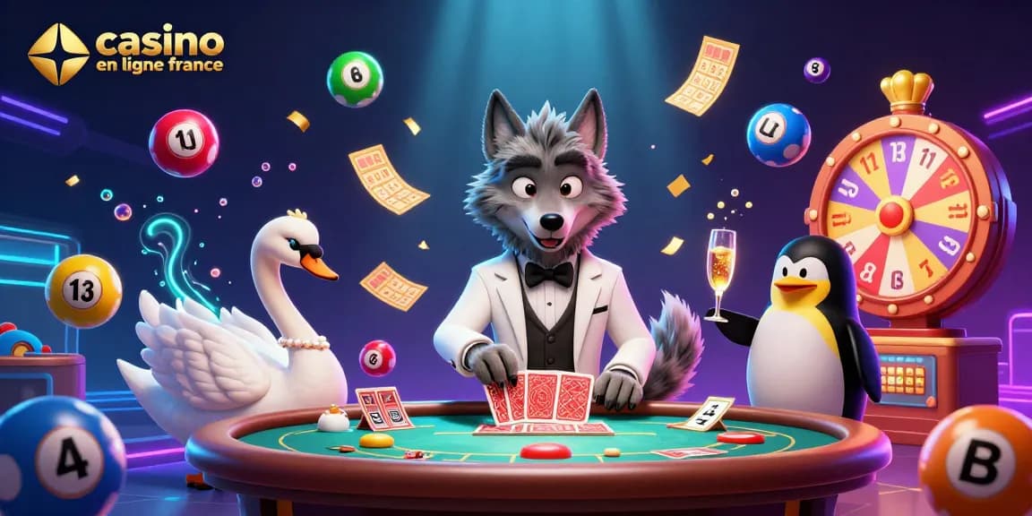 Illustration dynamique de casino en ligne France mettant en scène un loup sophistiqué, un cygne élégant et un pingouin sommelier.