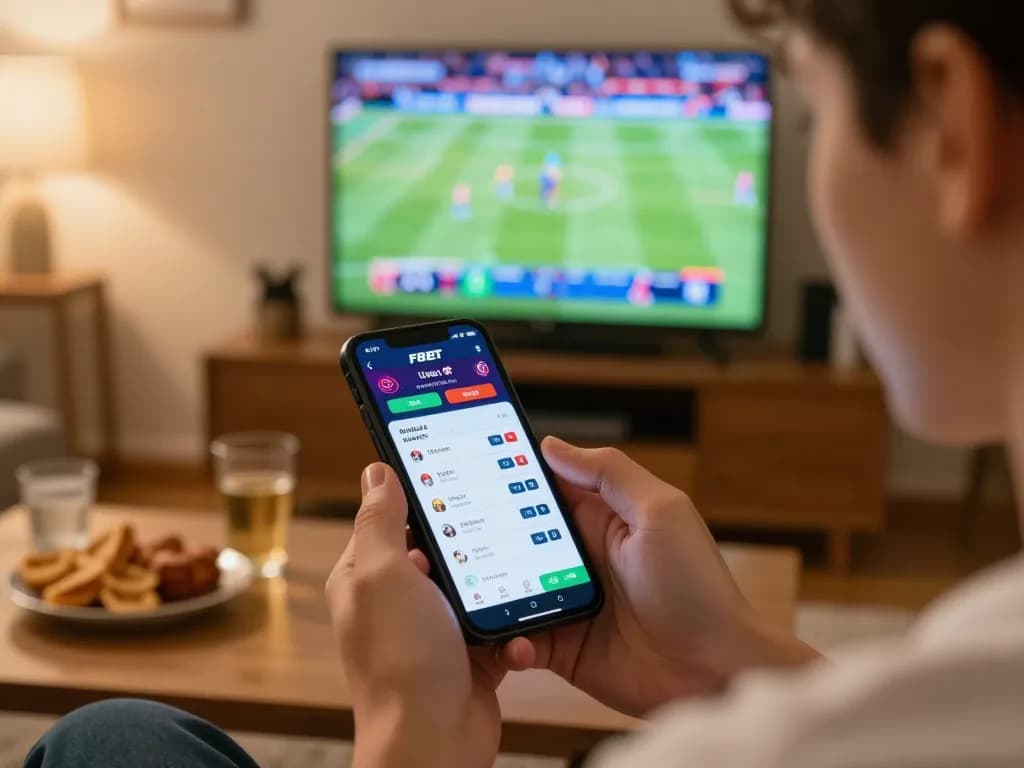 Placing bets on F8BET app during live sports event in a cozy home setting