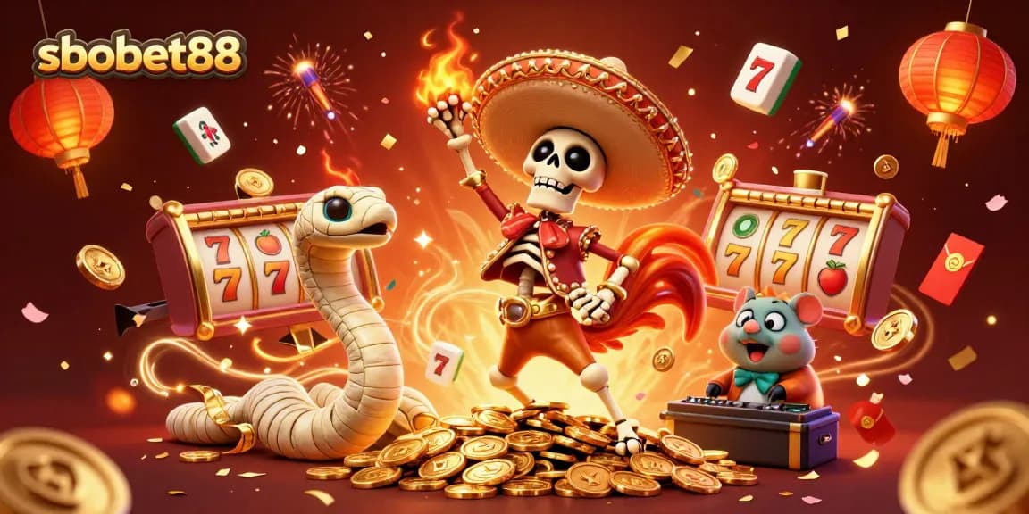 sbobet88 showcases a lively 3D casino scene with colorful characters celebrating wins.
