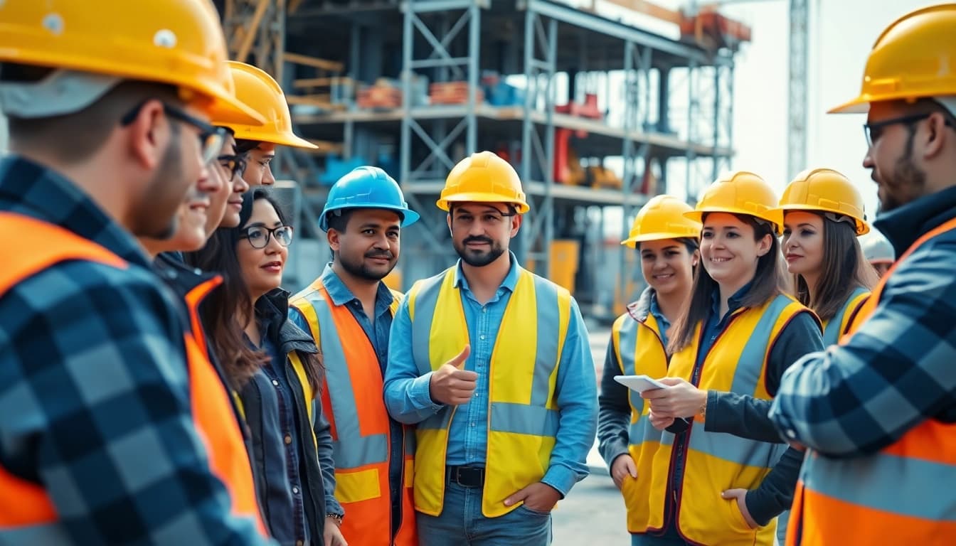 Workers participating in construction safety training with vibrant gear at a job site.
