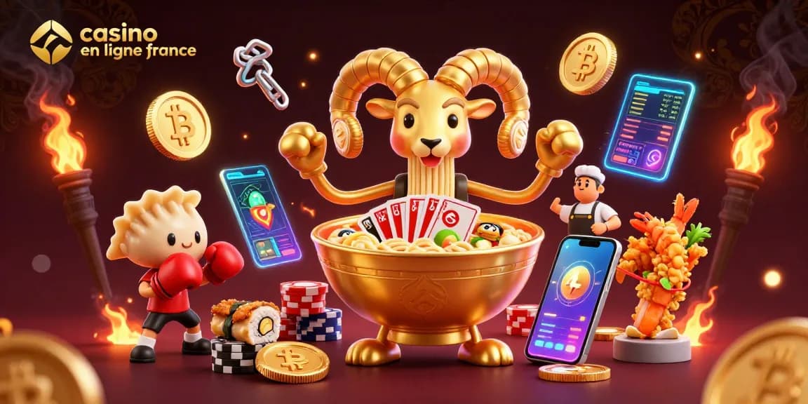 Illustration animée 3D représentant un casino en ligne France avec des personnages de style japonais, cartes et jetons de poker.