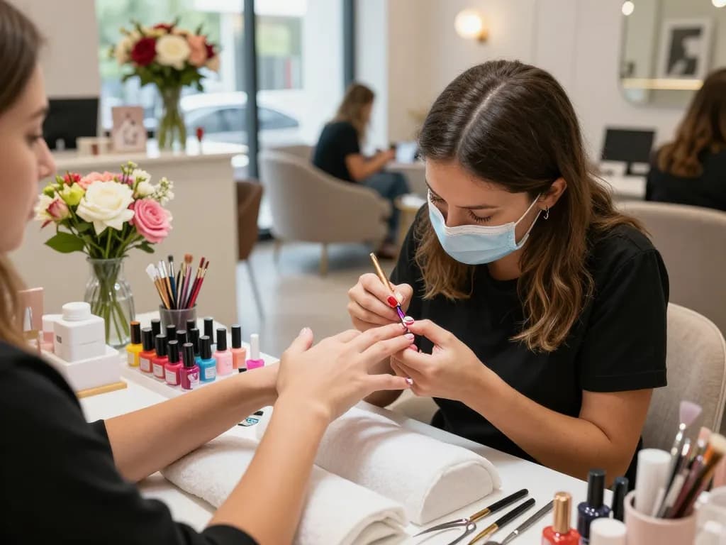 Beautiful nails being polished in a vibrant beauty salon environment, showcasing professional nail care services.
