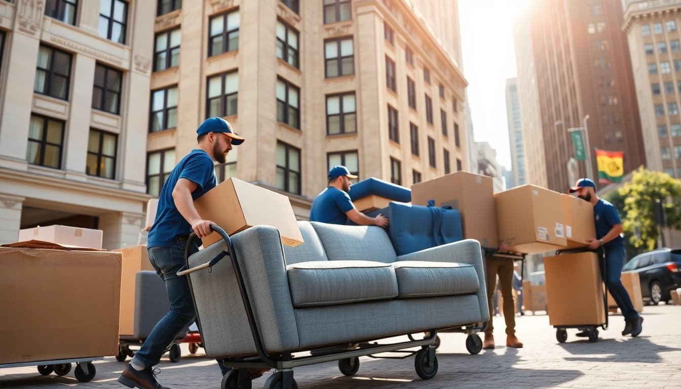Efficient local movers boston packing furniture and boxes in vibrant Boston streets.