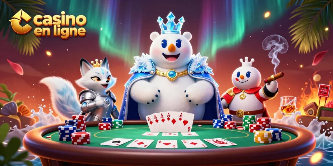 Jouez au casino en ligne avec le roi polaire et son compagnon, entourés de jetons, cartes et ambiance festive.