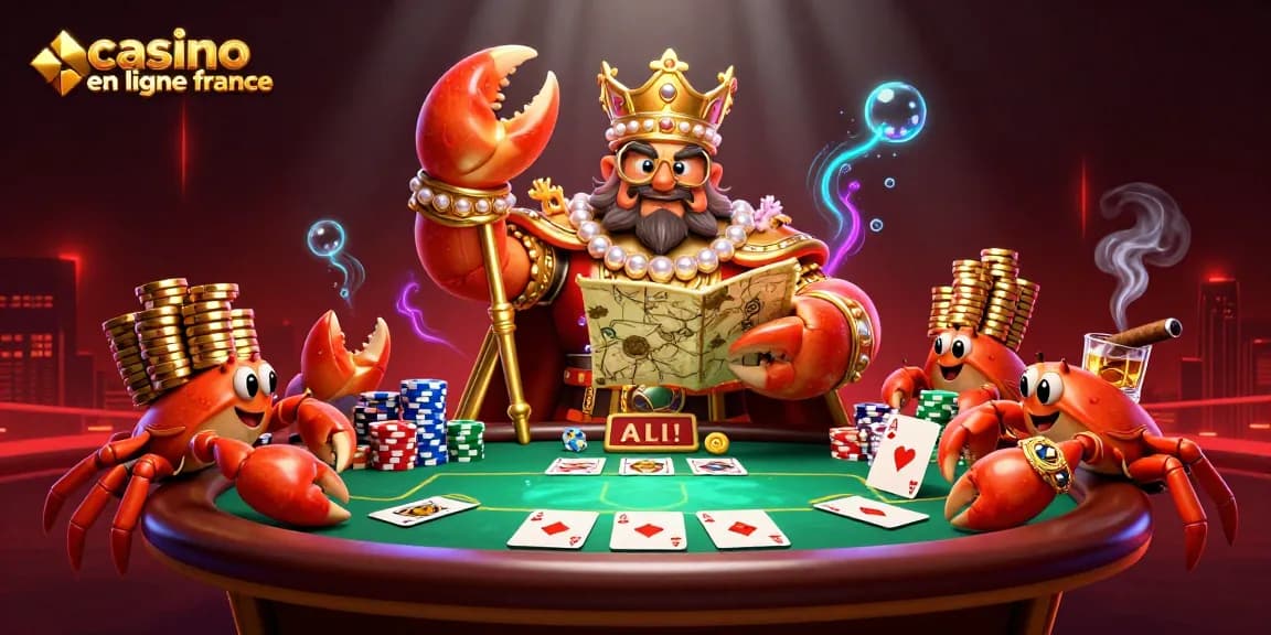 Illustration dynamique présentant le roi des crabes en or jouant aux cartes dans un casino en ligne France.