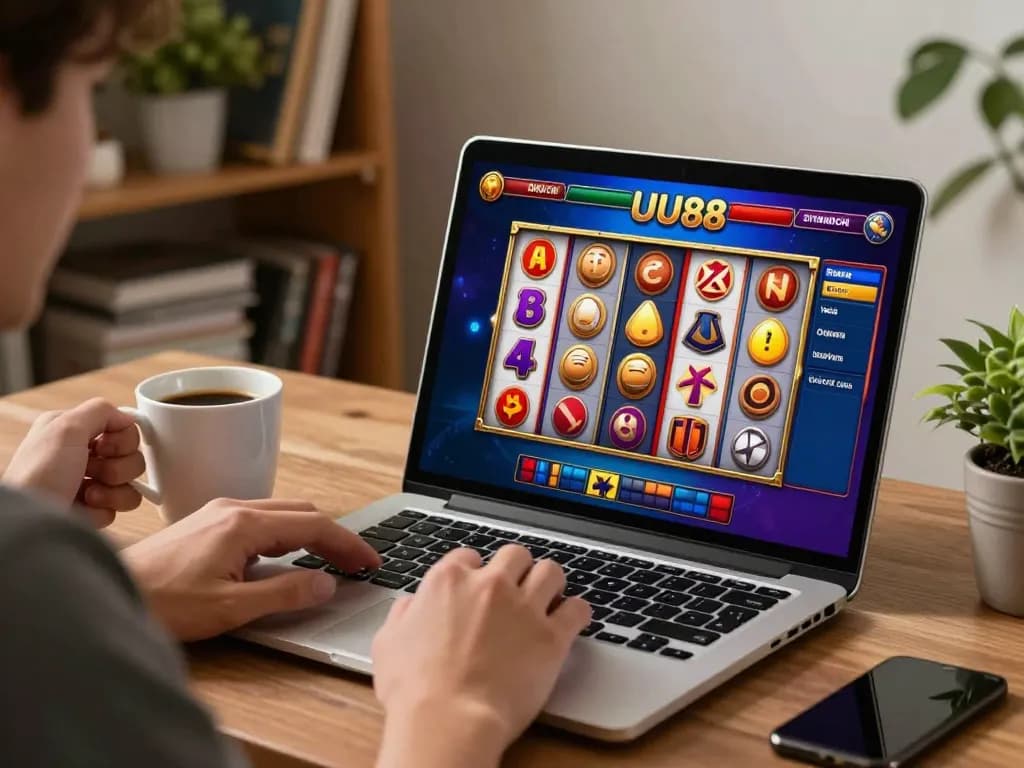 Player engaging in online UU88 gaming with a cozy home office setup, emphasizing strategic gambling.