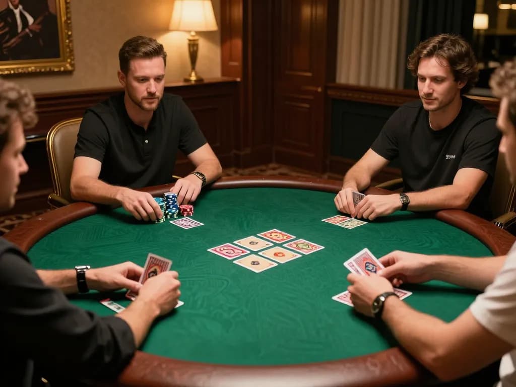 Engaged poker players strategizing with cards and chips at an upscale TG88 game night