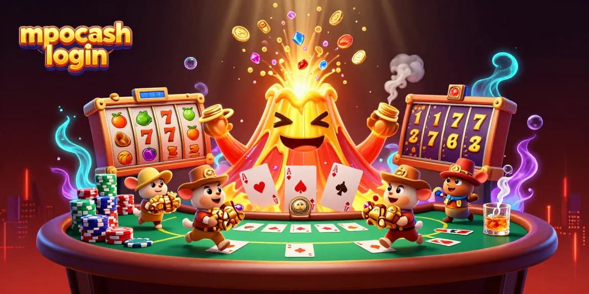 MPOCASH login showcases a triumphant volcano erupting with treasure, enhancing the casino experience.