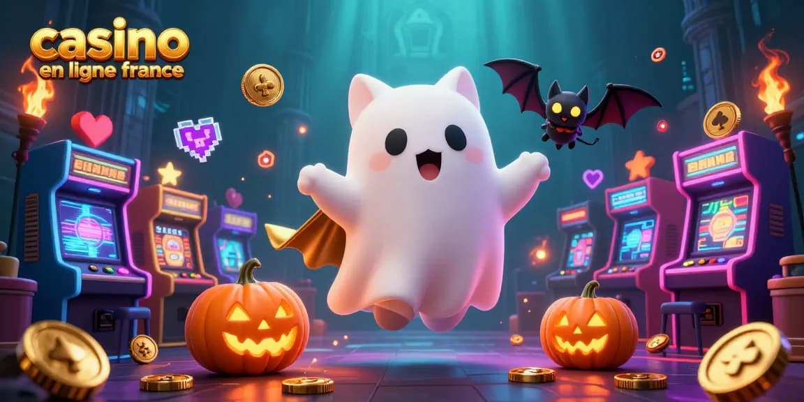 Jouez au casino en ligne France avec ce chat fantôme amical flottant et des machines à sous en arrière-plan.