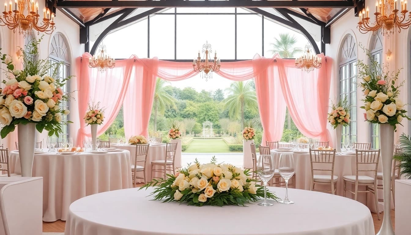 Weddings Venue beautifully arranged for a ceremony with floral decor and inviting atmosphere.